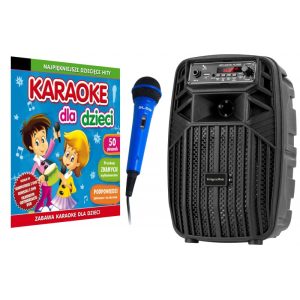 Zestaw karaoke z głośnikiem, mikroifonem i piosenkami dla dzieci.