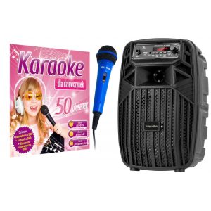 Zestaw karaoke z głośnikiem, mikroifonem i piosenkami dla dziewczynek.