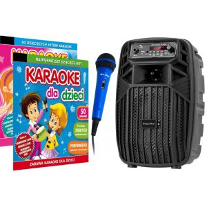 Zestaw karaoke z głośnikiem, mikroifonem i piosenkami dla dzieci.